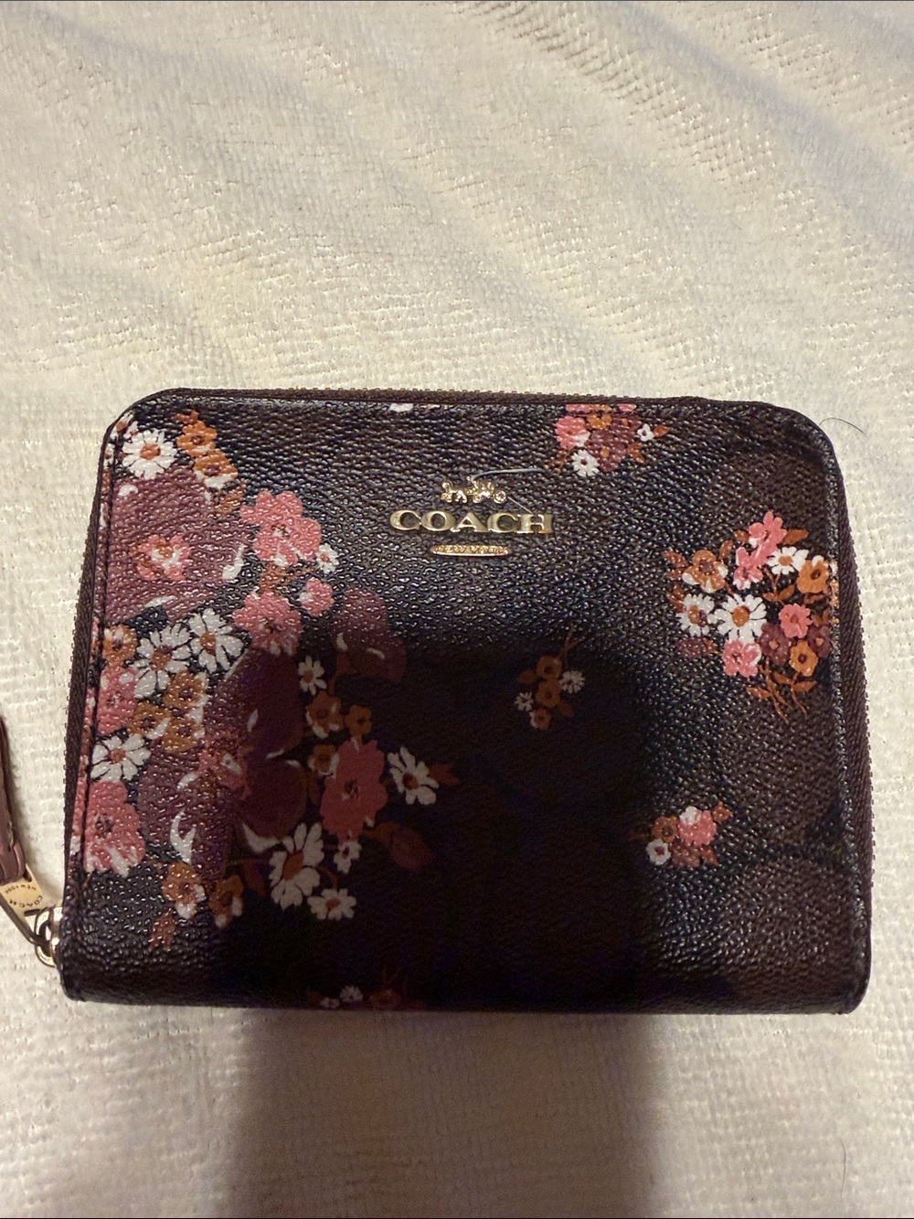 Coach Brown Floral Zip-Around Wallet with Pink and Cream Accents